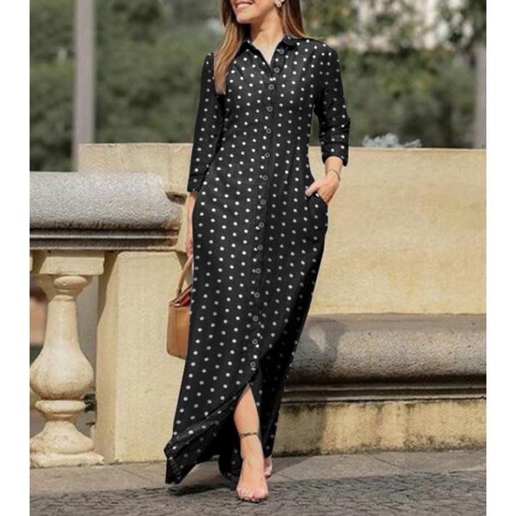 GMXIA Moda damska Lato Wiosna Jednolity kolor Drukuj Z długim rękawem POLO Dekolt Luźne, swobodne sukienki z guzikami