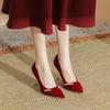 Bride and Bridesmaid Wedding Wedding Thin Heel Pointed High Heels Women's Suede Red Pearl Buckle Single Shoes Women