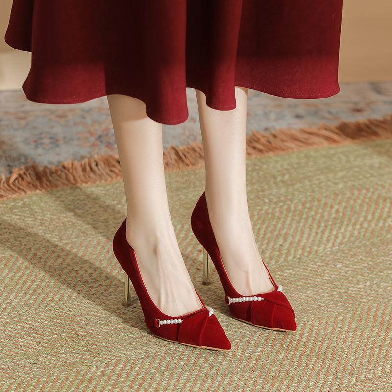 Bride and Bridesmaid Wedding Wedding Thin Heel Pointed High Heels Women's Suede Red Pearl Buckle Single Shoes Women
