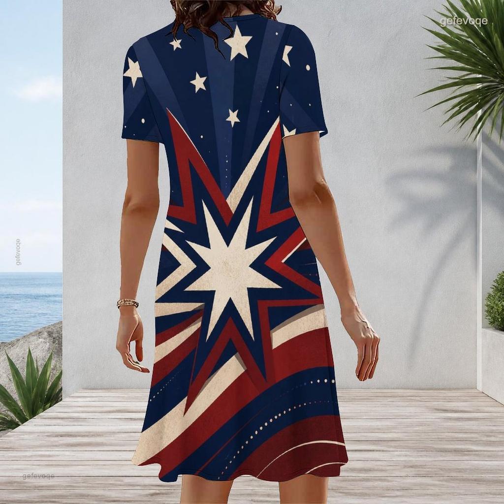 Women Plus Size White Round Neck Short Sleeve Star Printed A Line Midi Dress