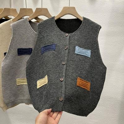 DIMANAF 2025 Autumn Women Sleeveless Buttons Vest Patch Sweaters Style Printing Knitting Casual Loose Sweater