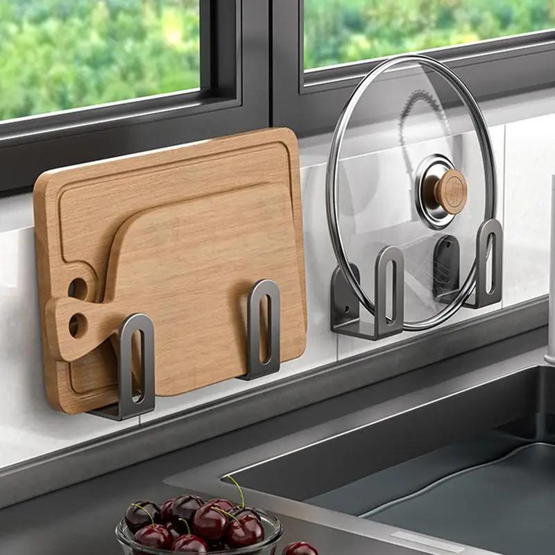 2pcs Pot Lid Holders Inside Cabinet Wall Mount Pot Lid Hanger No Drilling Adhesive Vertical Cookware Storage Rack for Kitchen