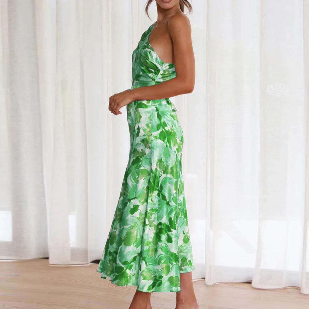 Stylish Slant Neck Strap Fishtail Print Dress