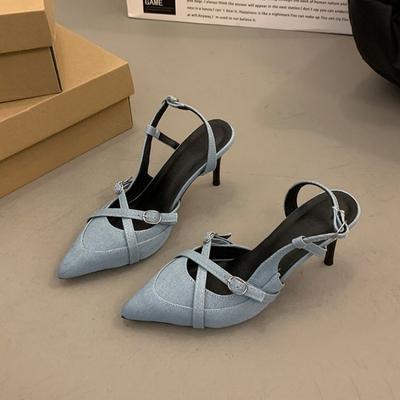 Fashion Fashion Pointy Stiletto Denim High Heels Women's New Summer Temperament One-line Strap Sandals