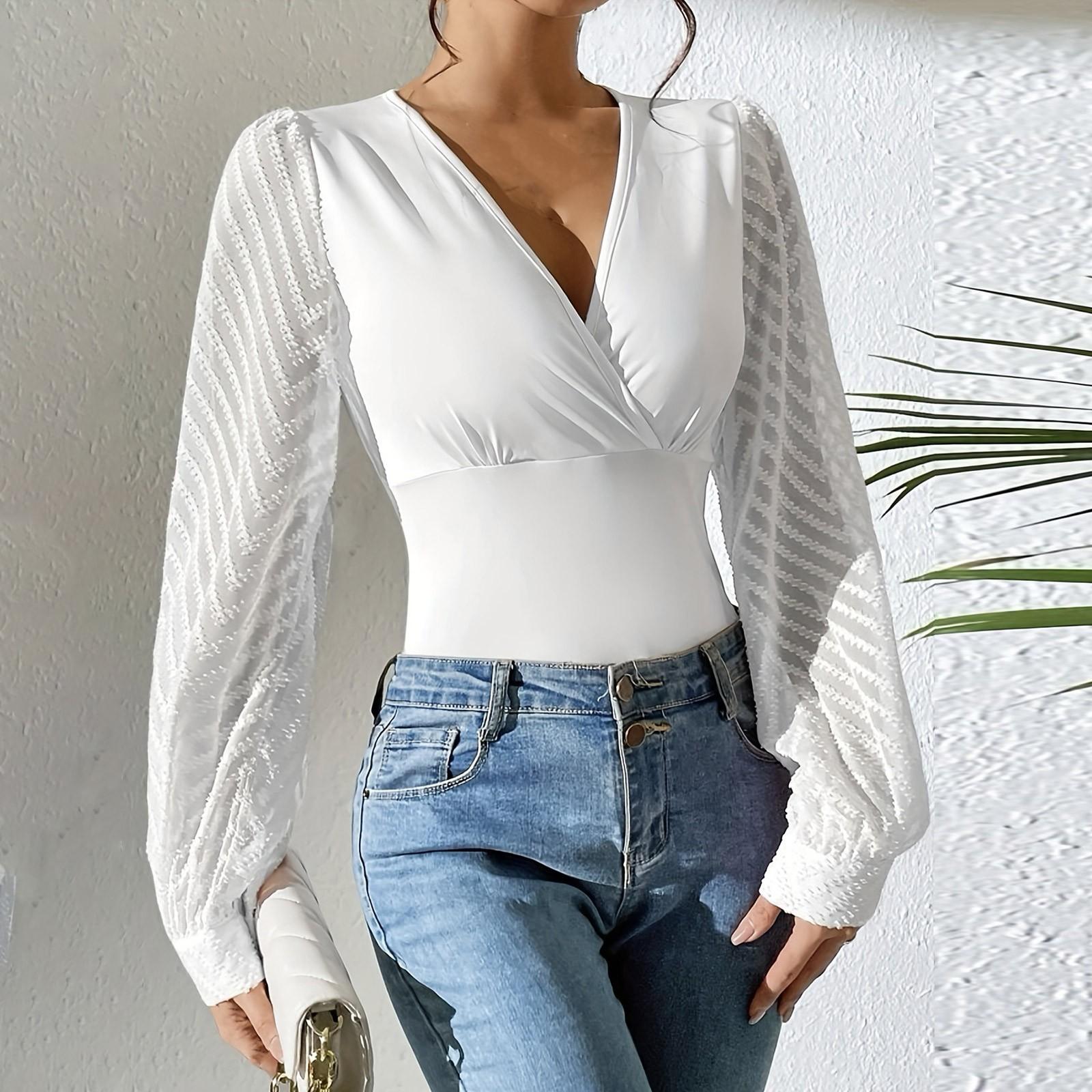 

Женская и зимняя мода повседневный шифоновый сращивающийся однотонный трикотажный топ с глубоким V-образным вырезом и длинными рукавами S белый