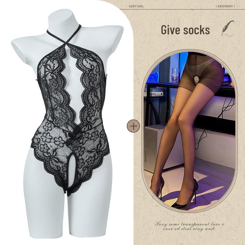 Women's Open Crotch See-Through Lace Bodysuit with Pearl Detail