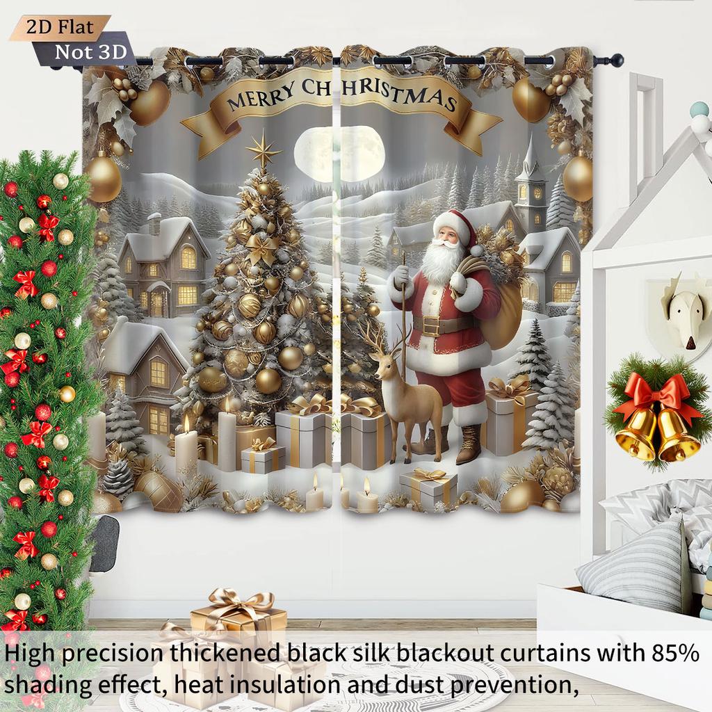 2 Christmas Tree Santa Claus Print Perforated Blackout Curtains Various Size Living Room Insulation Decoration Machine Washable