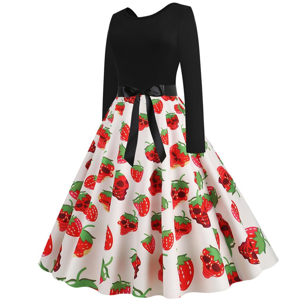 Dame Mote Trykk Langermet Rund Hals Casual Halloween Faldkjole