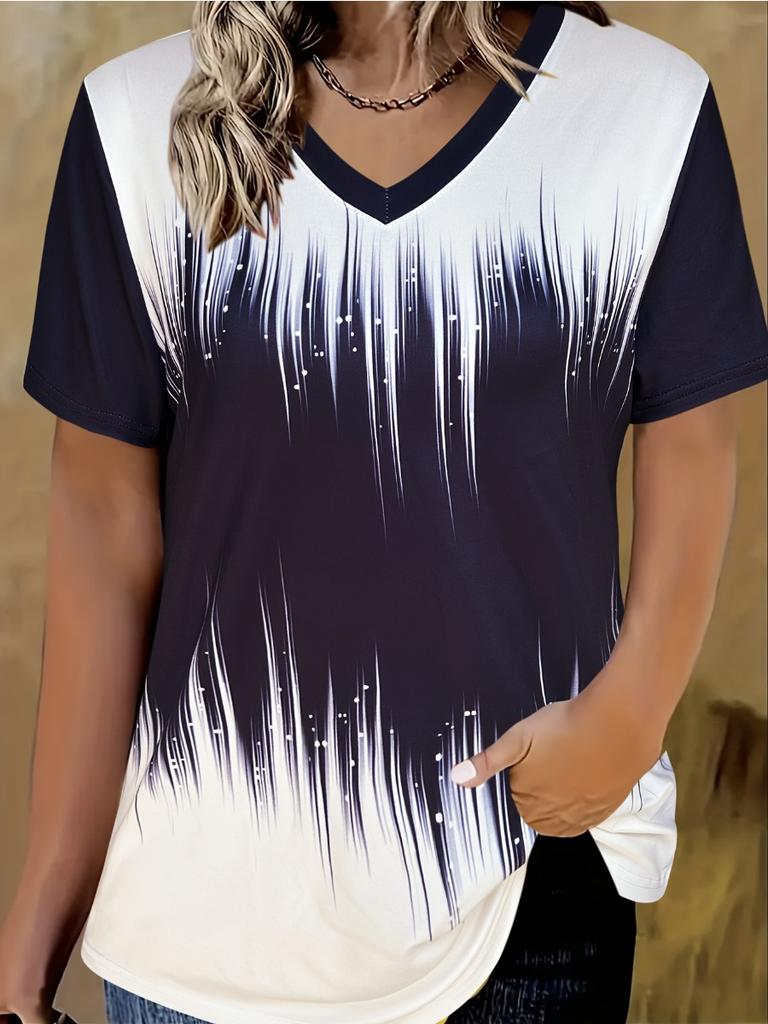 Summer Women's T-shirt Casual Elegant V-neck Short-sleeved Gradient Top Loose Casual Wear Ladies T-shirt Y2K