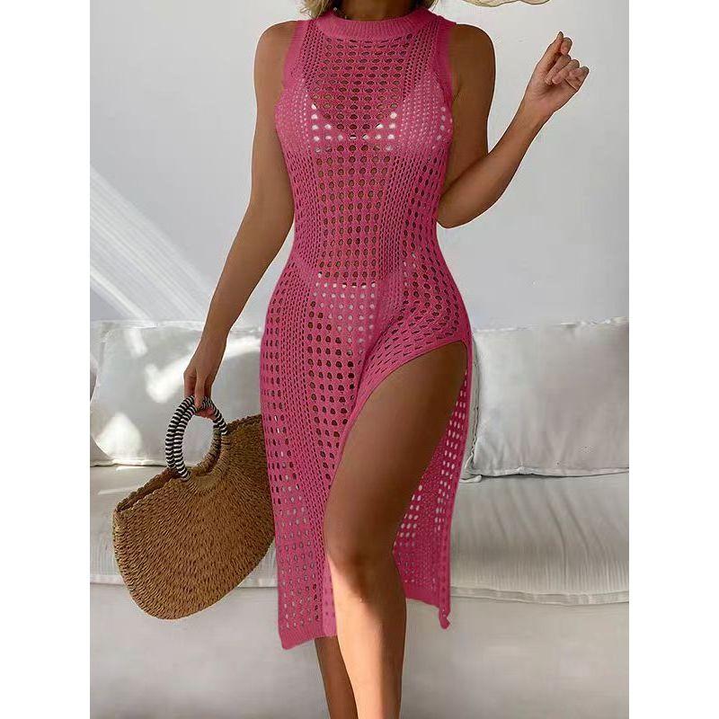 Sexy White Sleeveless Stacked Knitted Hollow High Slit Vest Dress Beach Sun Protection Bikini cover-up Women