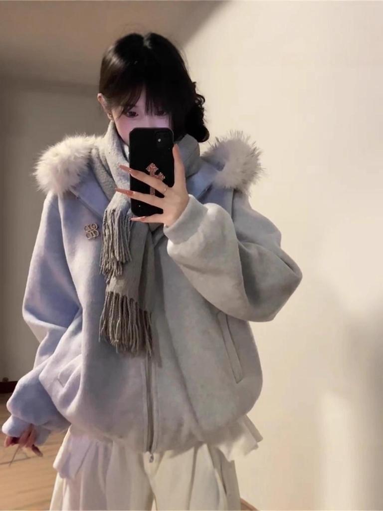 Women's High-End Quilted Woolen Coat with Fur Collar Hood and Thickening, Autumn/Winter Style