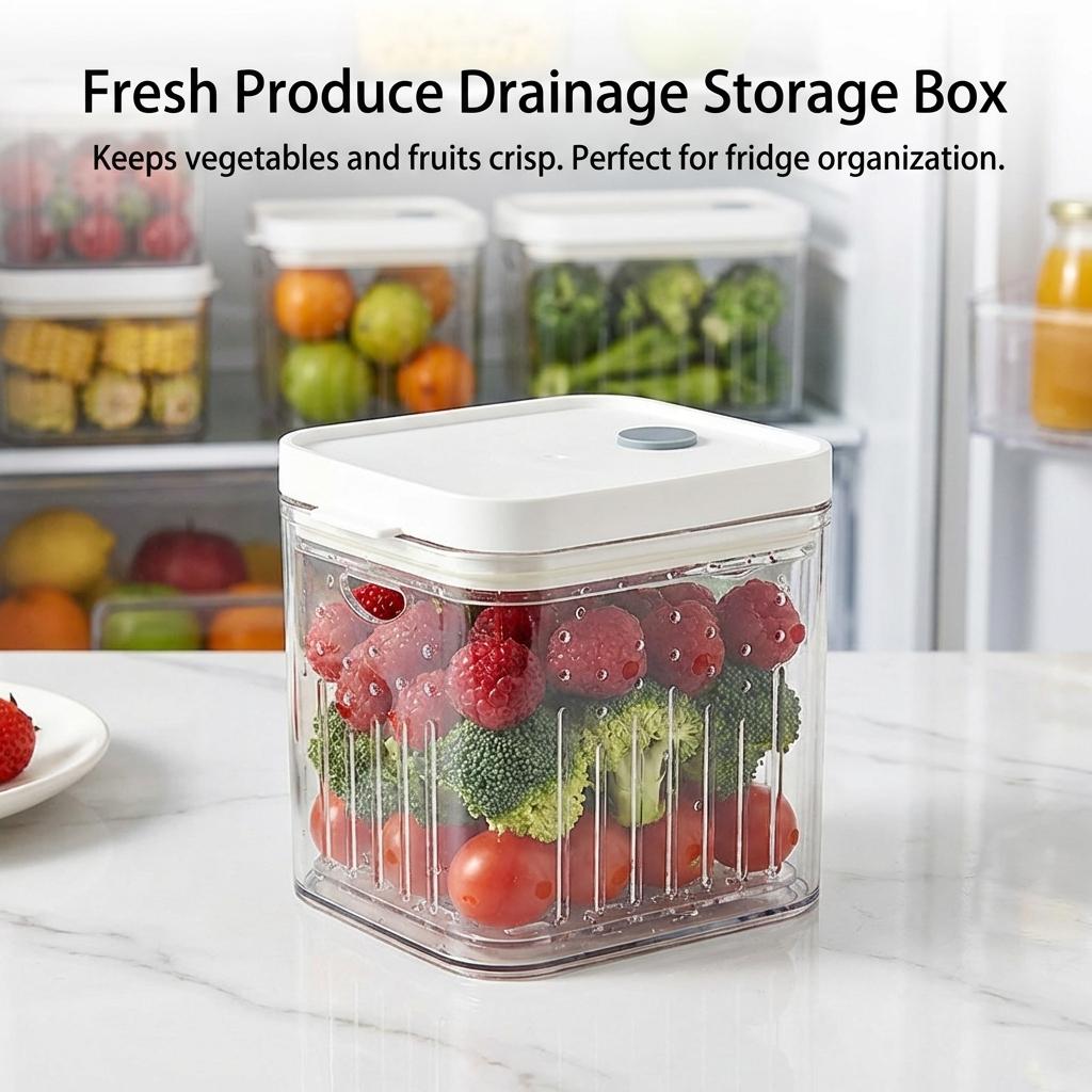 Vegetable And Fruit Storage Container With Draining Function For Refrigerator Kitchen Use