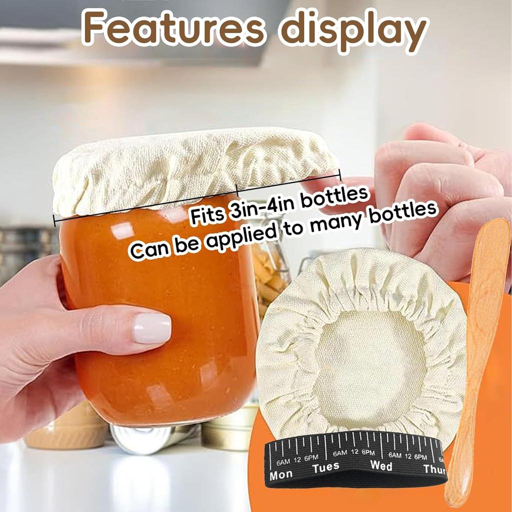 10 PCS Cloth Jar Covers for Sourdough, Reble Kombucha Starter Jar Cover with Shovel, Mason Jar Top Lid for 3”-4”