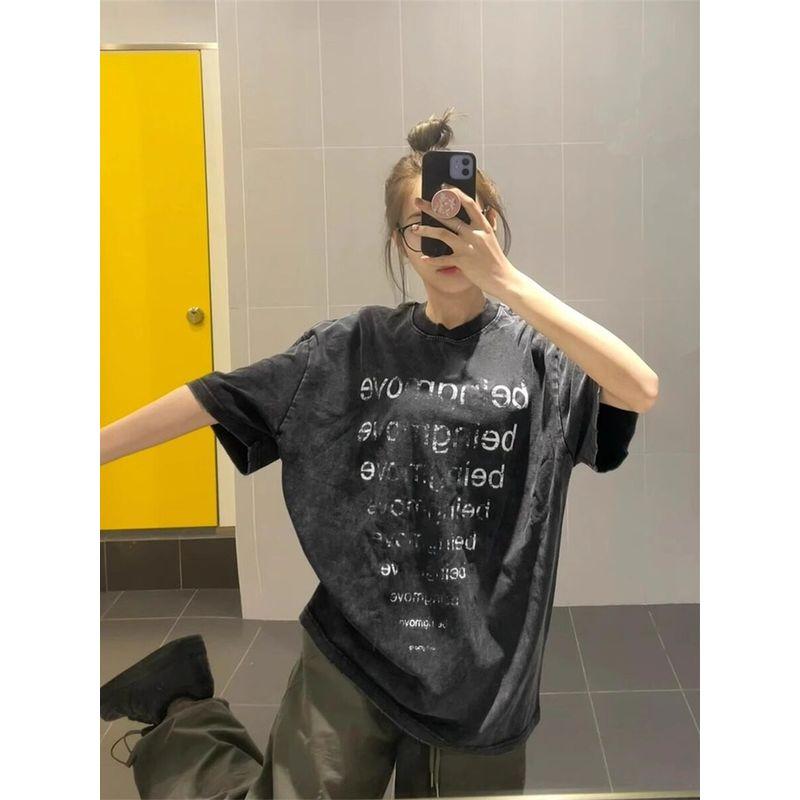 

Plus Size 150kg American Retro Washed Vintage Short-Sleeve T-Shirt for Women with Unique Design, Niche Oversize Half-Sleeve Top Washed Black M [Recommendation 40-50kg]