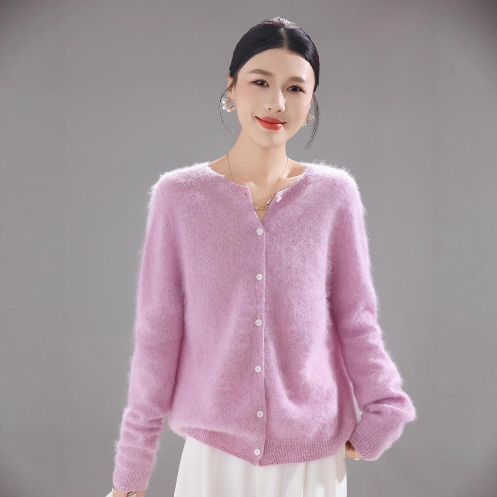 Women's Seamless One-Piece Knit Wool Cardigan Sweater with Brushed Finish
