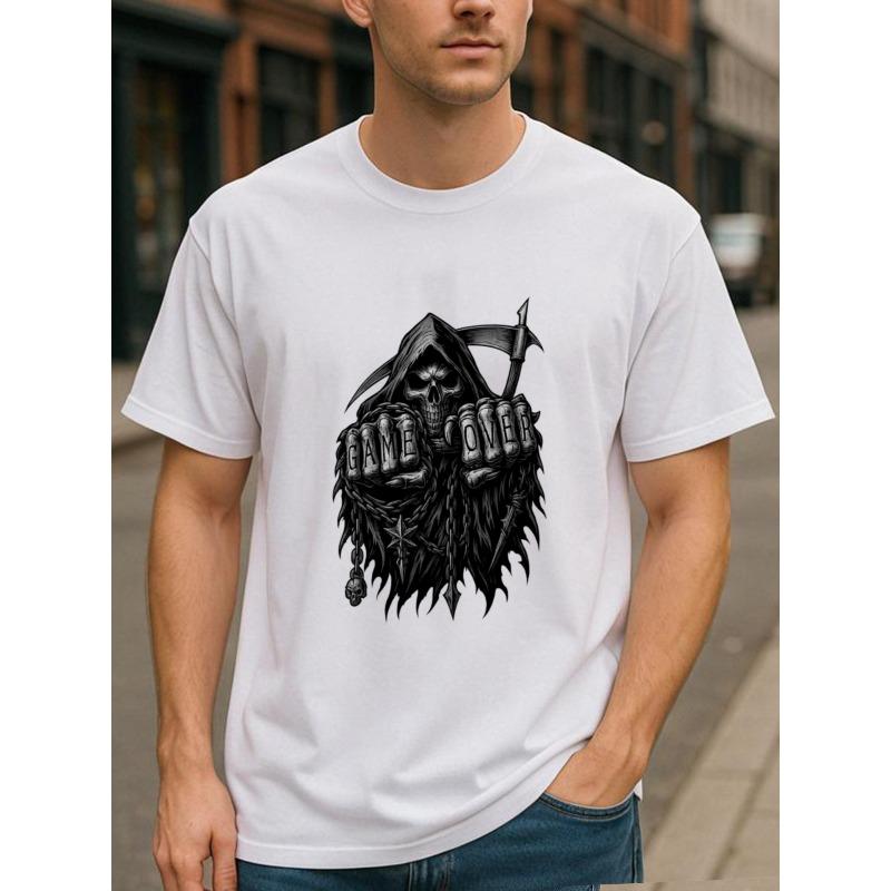 

European sizes Chain-decorated Dark Trendy Cool Guy Print Short-Sleeved Shirt | Casual Commuting, Office Work, Study, Meditation 4XL білий