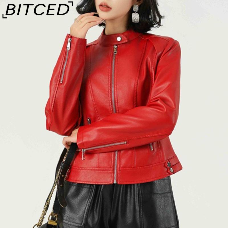 Fashionable Women's PU Leather Jacket, Stand Collar, Lightweight Spring/Autumn Style, Red Leather Jacket