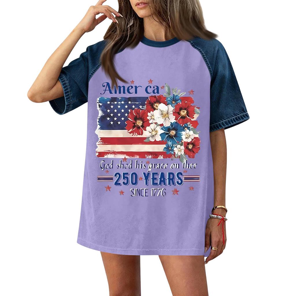 Denim Patchwork Shirts For Women Stand Collar Casual Blouse Short Sleeve Comfy Tshirt Spring Summer Fashion