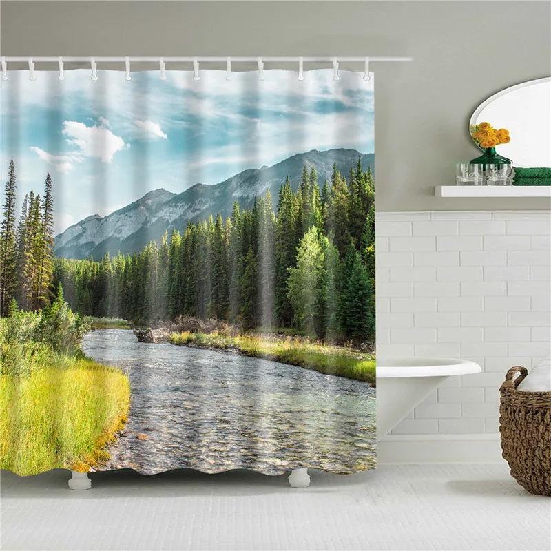 

Rural Single Plank Bridgestream Bath Curtain Forest For Bathroom Curtain Green Plant Beach Shower Curtain Bathroom Accessories W60H190(CM)-1 Pcs