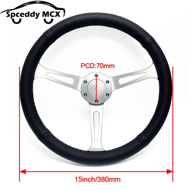 Spceddy MCX 15palcový JDM Černý Skutečná kůže Tuningový Sportovní Volant Klasický Závodní Volant Perforovaný 380mm Stříbrný