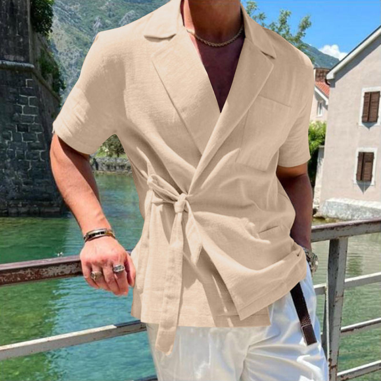 

Men s Color Cotton Linen Suit With Lapel And Tie Up Short Sleeved Shirt M бежевый