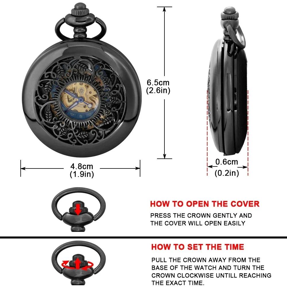 Black Vintage Skeleton Engraved Mechanical Pocket Watch with Chain Fashion Men Women Hand Winding Blue Roman Numerals Clock