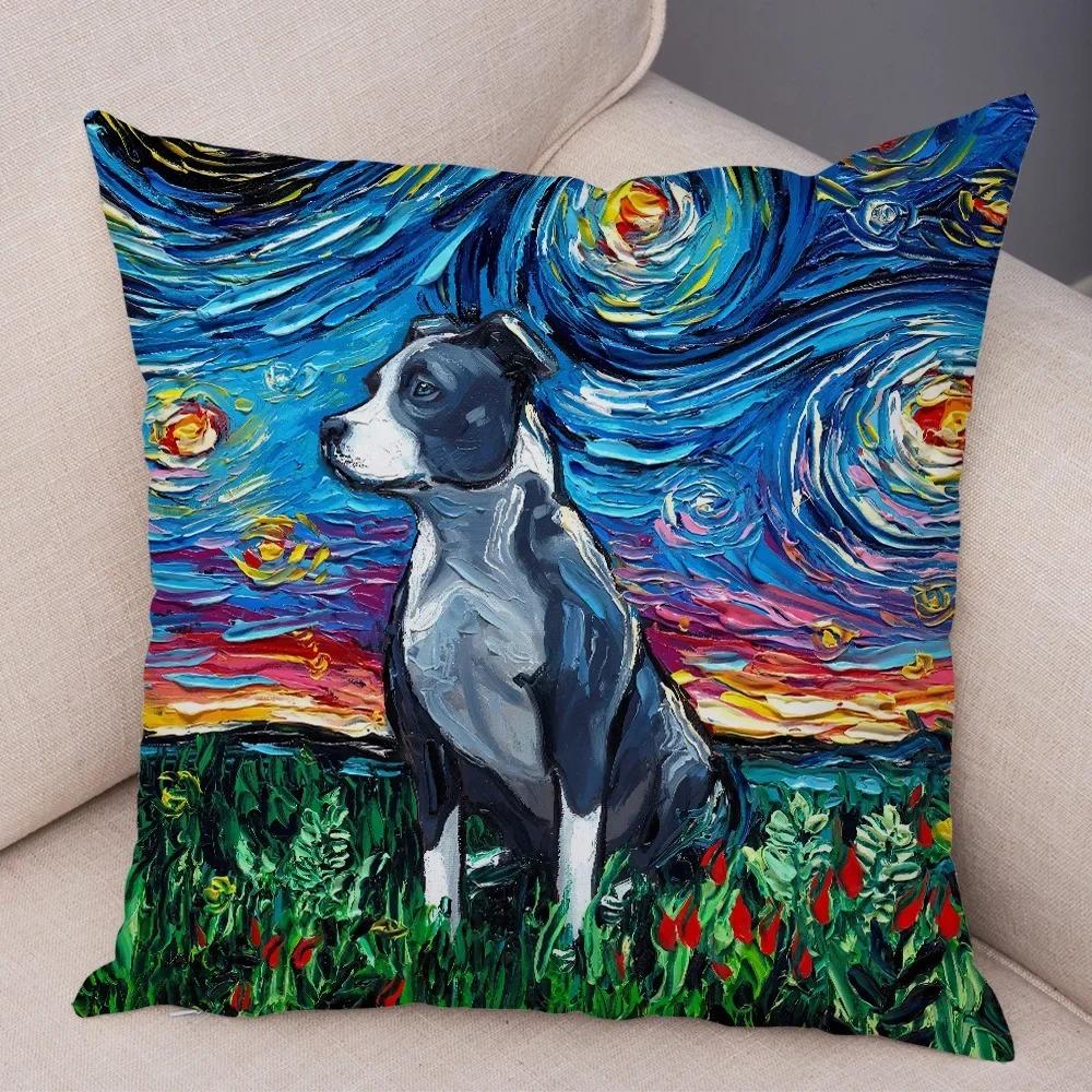 Colorful Oil Painting Pet Animal Pillowcase Starry Sky Art Cartoon Dog Cushion Cover Decorative Sofa