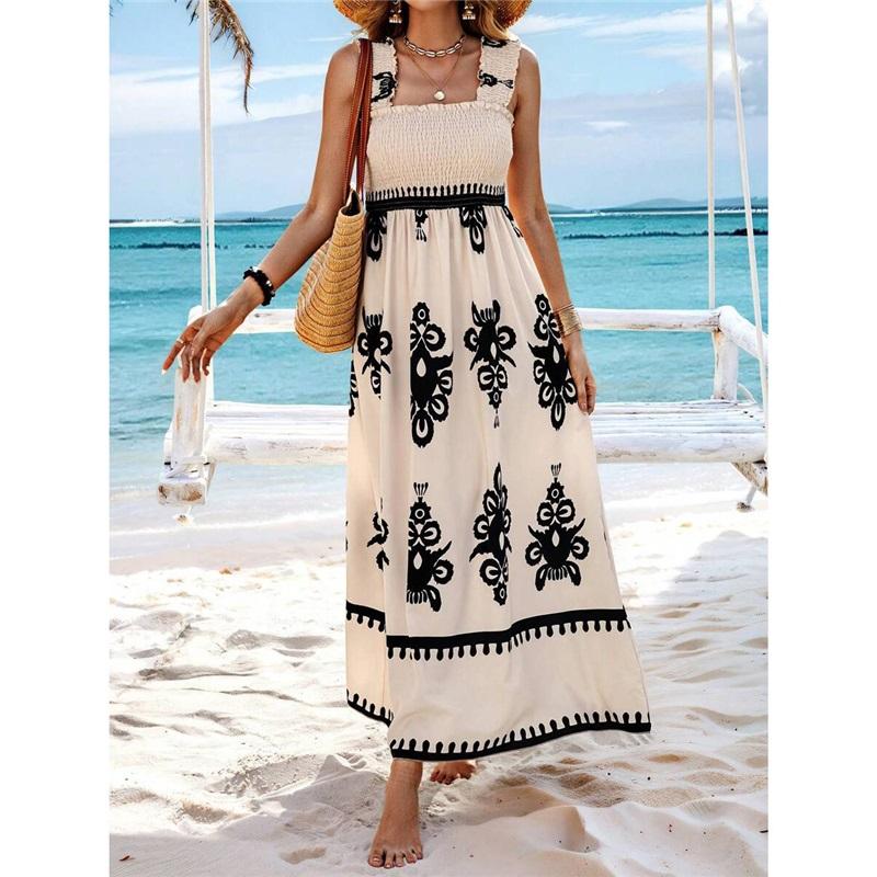 Summer New Style Women's Ladies Dress Printed Front Cross Sleeveless Loose Casual Beach Dress