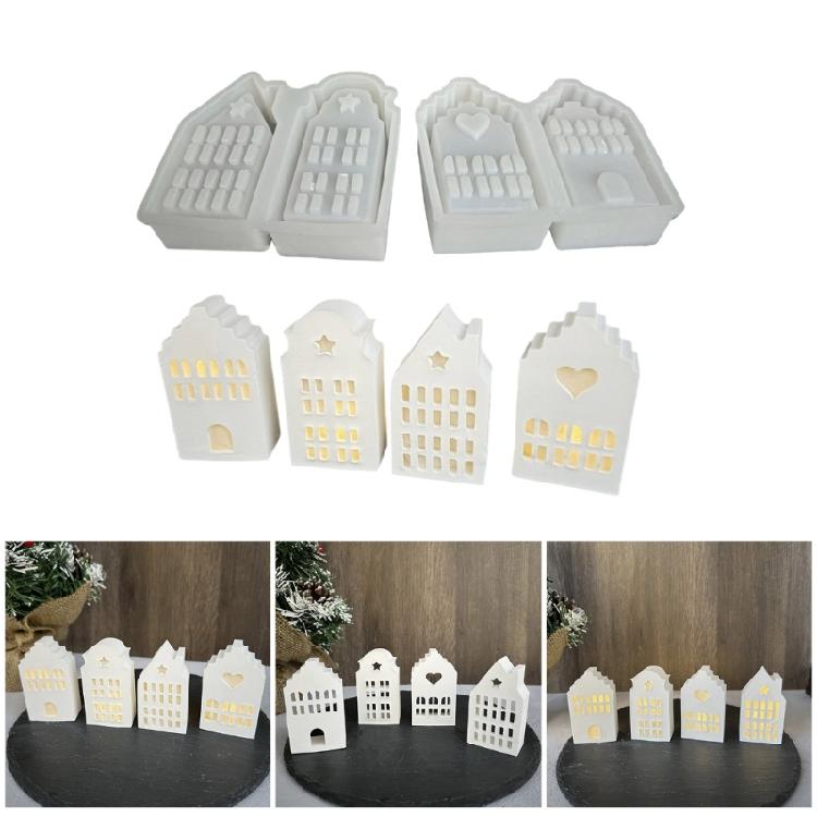Silicone Mold for Tealight Holder Decoration 4 Grid House Shaped Atmosphere Light Making Molds Jewelry Making Supplies