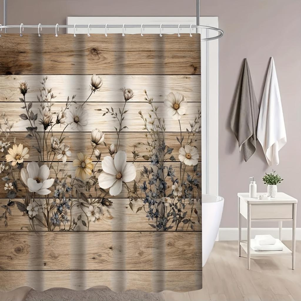 4Pcs Wooden Board Flowers Shower Curtain Set with Non-Slip Bath Mat, Toilet Lid Cover, Contour Rug & 12 Hooks, Bathroom Decor