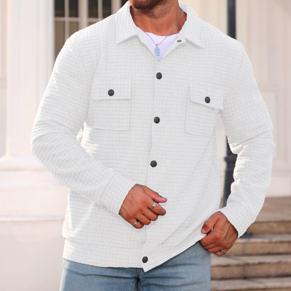 Men's Casual Double-Pocket Lapel Jacket Solid-Color Small Check Loose Long Sleeve Outerwear Shirt