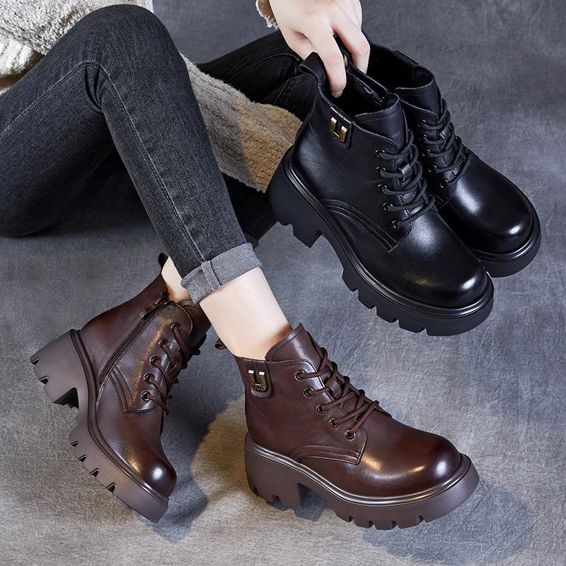 Leather Martin boots women's autumn and winter single boots 2026 new velvet thick heel platform short boots