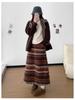 Retro Fair Isle Fleece Women's Mid-Length Lantern Skirt - Ethnic Style, Drawstring Hem, Two-Way Wear for Autumn/Winter