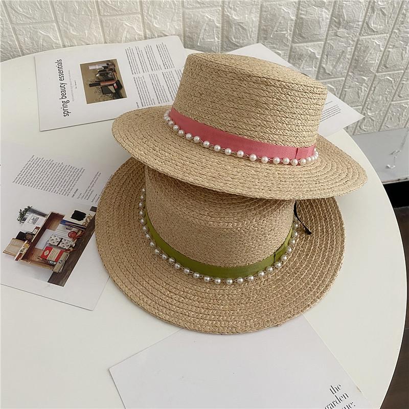 Vintage Pearl Flat Top Raffia Hat Women's Spring Summer Sun Protection Visor Hat Versatile Beach Hat Top Hat