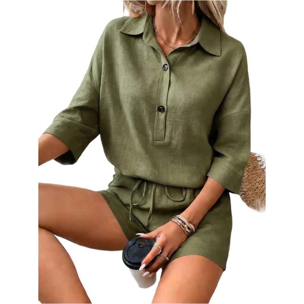 Fashionable Women's Color Cotton And Linen Lapel Short Sleeved Slim Belt Shorts Casual Set
