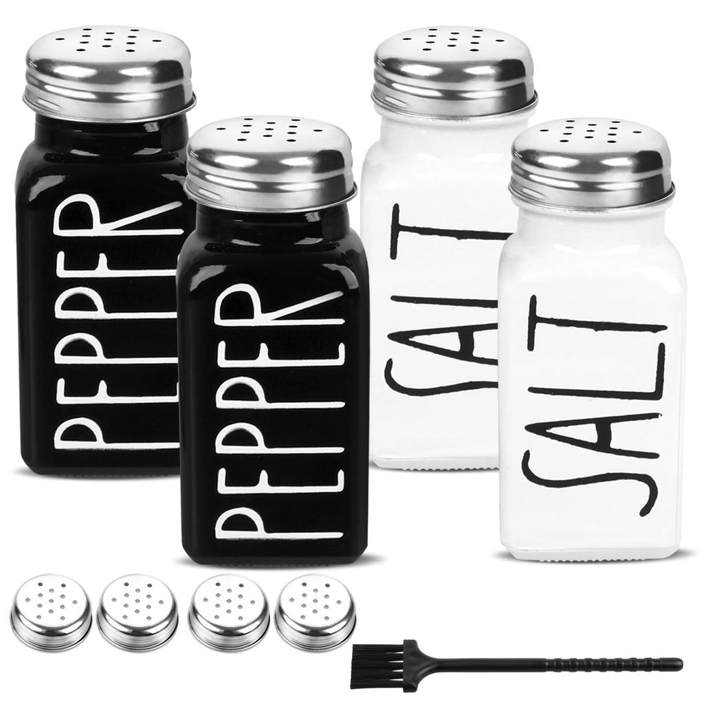 2 Pack Salt and Pepper Shakers Set, Glass Shaker with Stainless Steel Lid, Modern and Cute Farmhouse (Black and White)