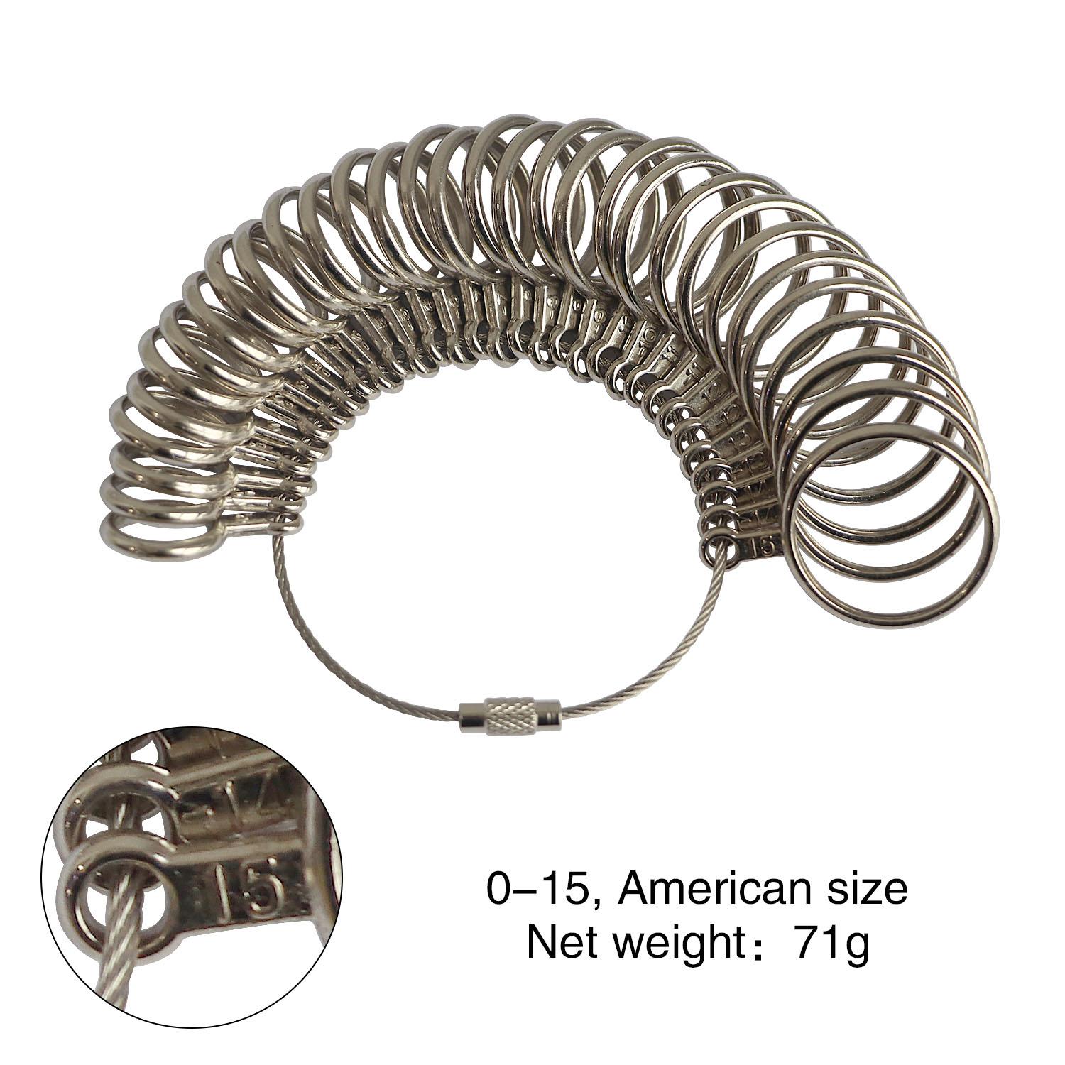 

Інструмент для вимірювання розміру металевого кільця. Інструмент для вимірювання розміру сталевого каблучка для каблучки. Інструмент для визначення розміру весільних прикрас. US 0-15