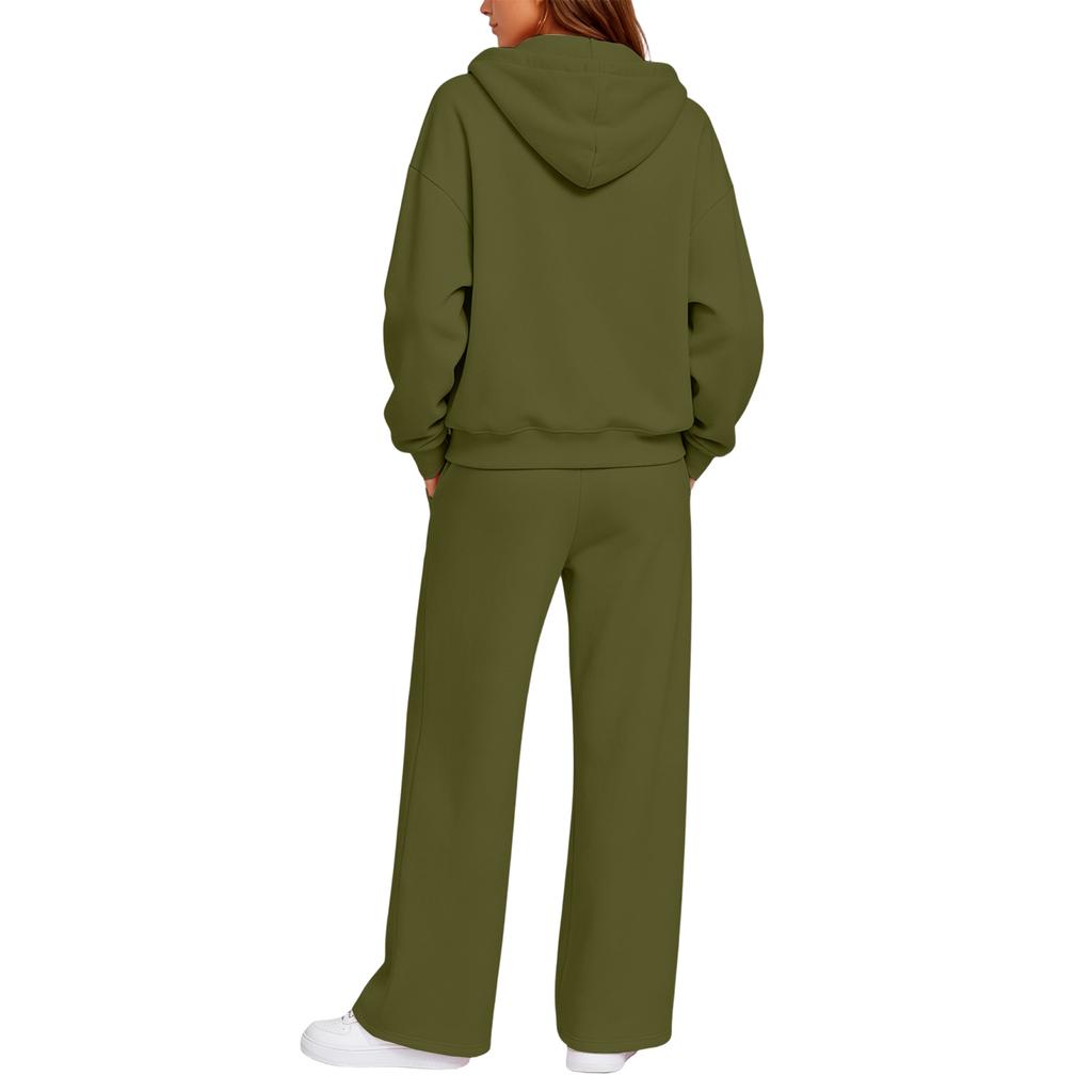 Completo Casual da Donna a Due Pezzi con Cardigan con Zip e Cappuccio e Pantaloni a Gamba Larga