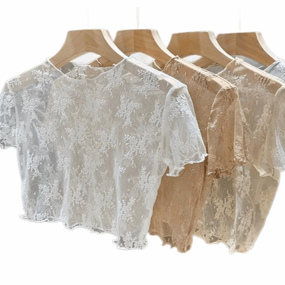 Nylon Sheer Mesh Blouse Short Sleeve Hollow Out Layering Tee Cool Sling Dress Cover Up  Women