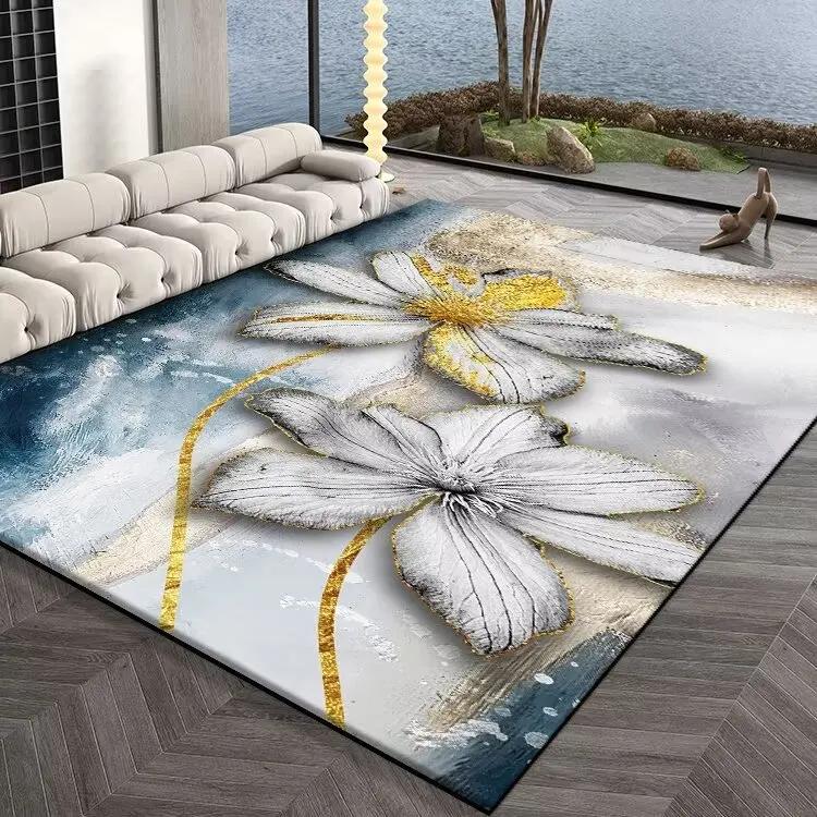 Luxury Dark Carpets for Living Room  Gold Flowers and Leaves Pattern Carpet Decoration Home Senior Mat