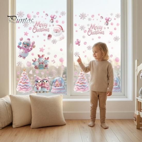 Christmas Window Clings 9Pcs Pink Static Clings, Santa Snowman Bunny Penguin Glass Bedroom Art Decals, Reusable Xmas Stickers, Holiday Decor for Home