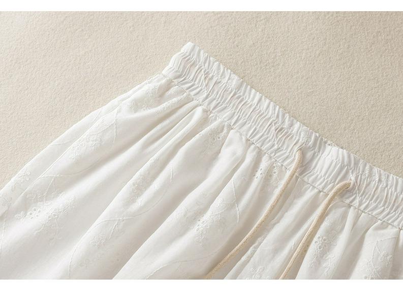White Hollow Lace Embroidery Wide-Leg Pants with Drawstring - Women's Loose Fit