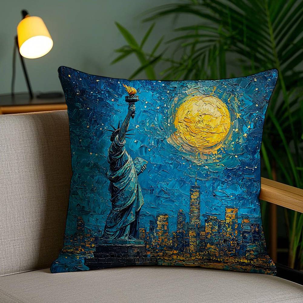 

Oil Painting Statue Of the Liberty Pillow Case Anti-dustmite Pillowcase Invisible zipper silky short plush Sofa cushion cover 12x12Inch