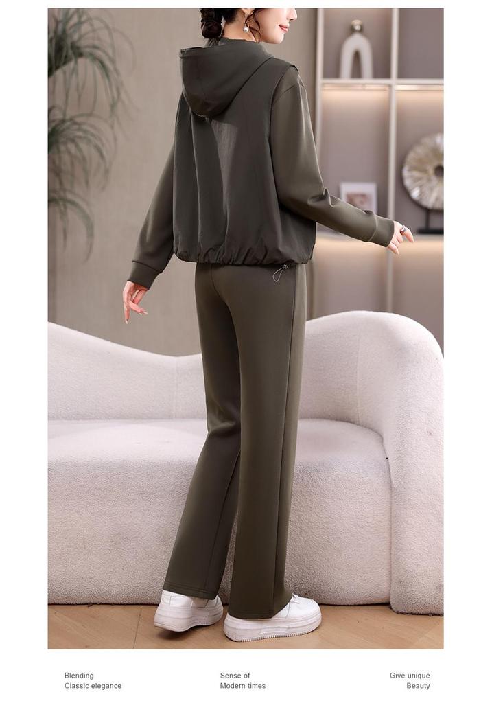 Autumn 2026 Women's Casual Three-Piece Set: Hooded Sweatshirt, Vest, and Pants.