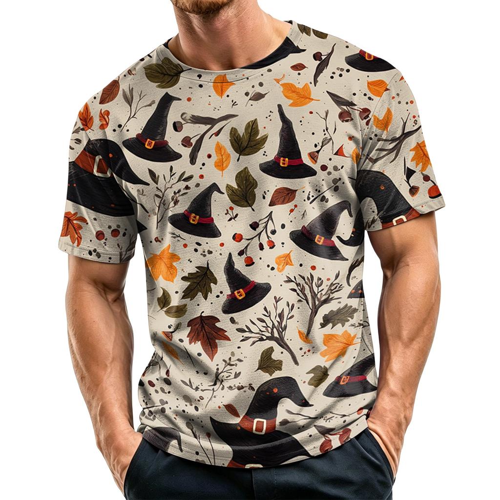 Men's Casual Quick-Dry Breathable Mesh Short Sleeve T-Shirt Lightweight Round Neck Top Halloween Print Design Suitable for Outdoor Activities