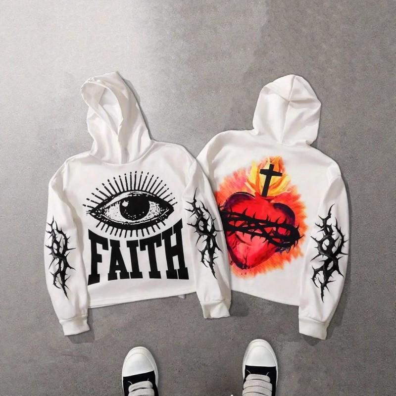 Mens Oversized Hooded Sweatshirt White Digital Print Streetwear Casual Long Sleeve