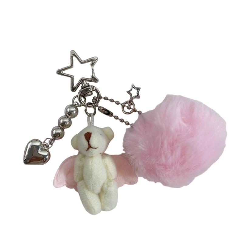 

Брелок-подвеска в виде плюшевого медведя с помпонами, мягкий брелок в виде животного, аксессуар для рюкзака, подарок ручной работы для женщин и девочек розовый