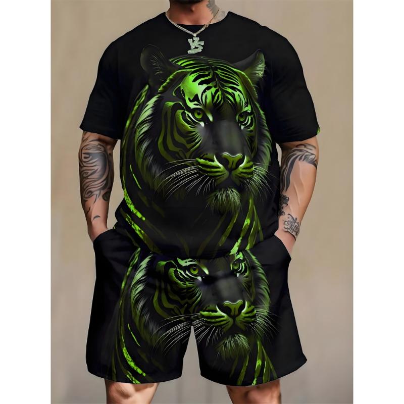 Modisches Löwen Tiger Tier Grafik T-Shirt Shorts Set Sommer Kurzarm Oberteil Kordelzug Shorts 2-teiliges Set Herren Sportbekleidung Anzug