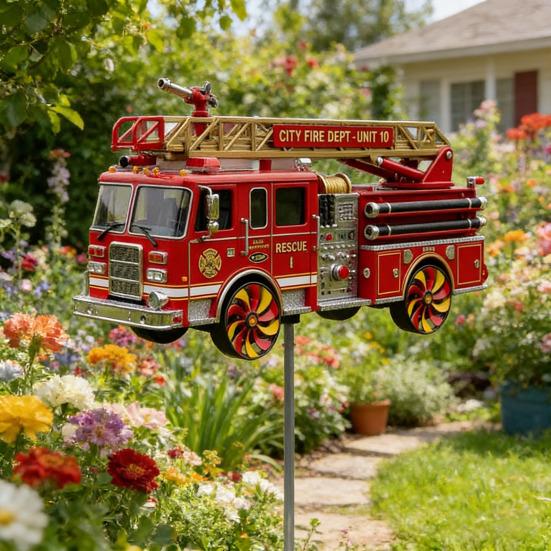 Firetruck Garden Wind Spinner Metal Wind Spinner with Ground Spike Outdoor Firetruck Decoration for Home Yard Art Patio Lawn