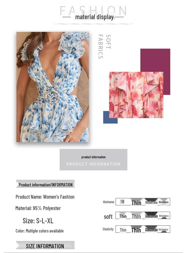 European & American Women's Floral Slimming V-Neck Ruffle Holiday Dress